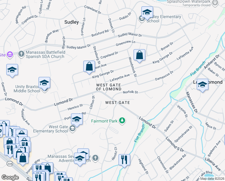 map of restaurants, bars, coffee shops, grocery stores, and more near 9725 Damascus Drive in Manassas
