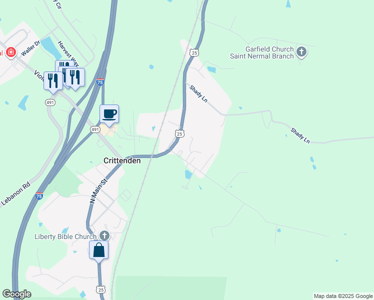 map of restaurants, bars, coffee shops, grocery stores, and more near 240 Markim Drive in Crittenden