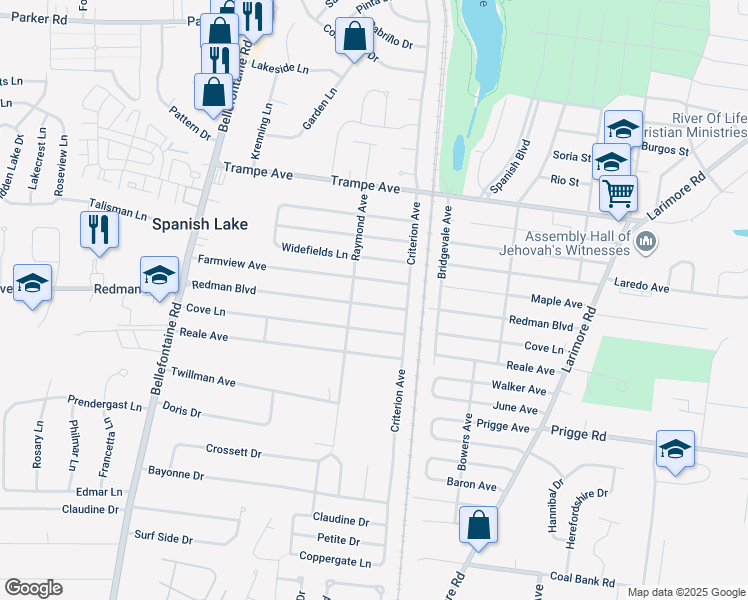 map of restaurants, bars, coffee shops, grocery stores, and more near 1379 Redman Boulevard in St. Louis