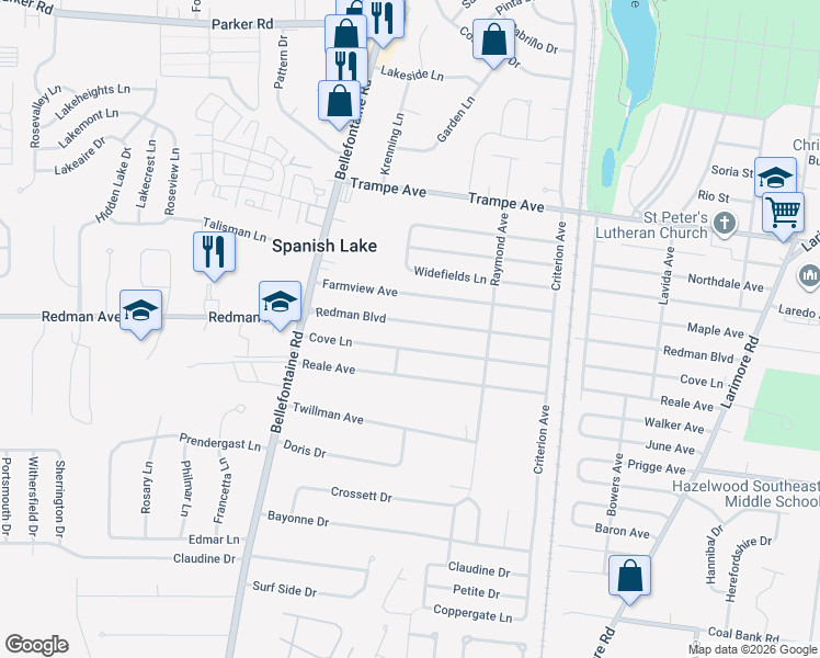 map of restaurants, bars, coffee shops, grocery stores, and more near 1502 Redman Boulevard in St. Louis