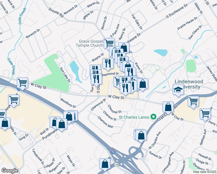 map of restaurants, bars, coffee shops, grocery stores, and more near 1200 South Duchesne Drive in Saint Charles