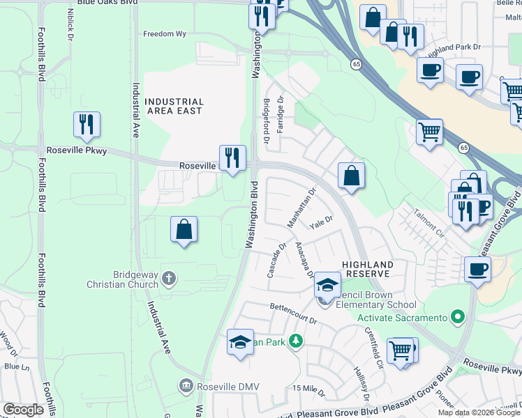 map of restaurants, bars, coffee shops, grocery stores, and more near 776 Spaulding Drive in Roseville