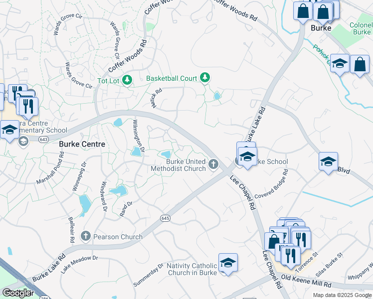 map of restaurants, bars, coffee shops, grocery stores, and more near 9806 Burke Pond Lane in Burke