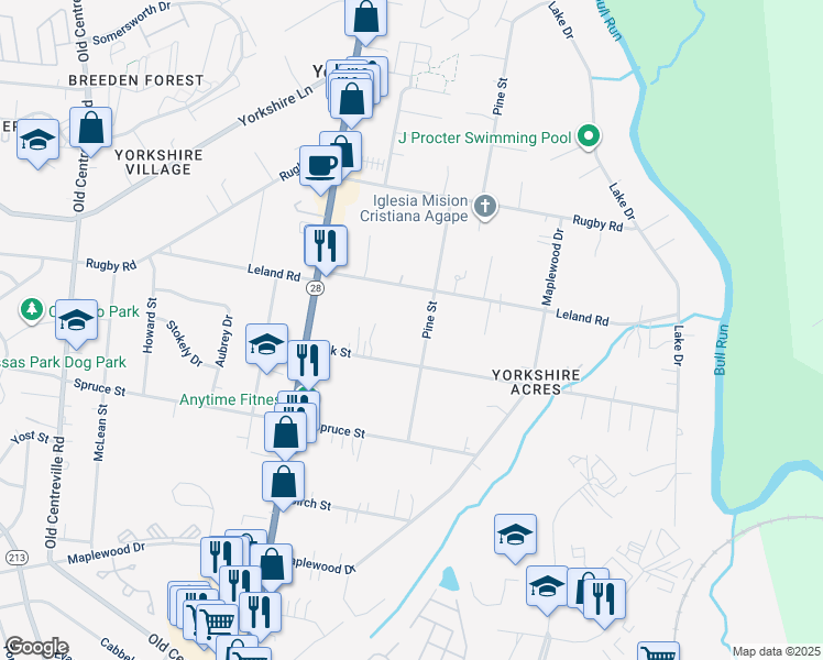map of restaurants, bars, coffee shops, grocery stores, and more near 7808 Pine Street in Manassas