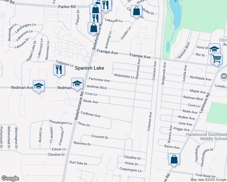 map of restaurants, bars, coffee shops, grocery stores, and more near 1502 Redman Boulevard in St. Louis