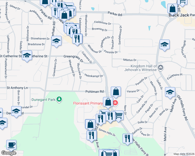 map of restaurants, bars, coffee shops, grocery stores, and more near 4080 Helmkampf Drive in Florissant