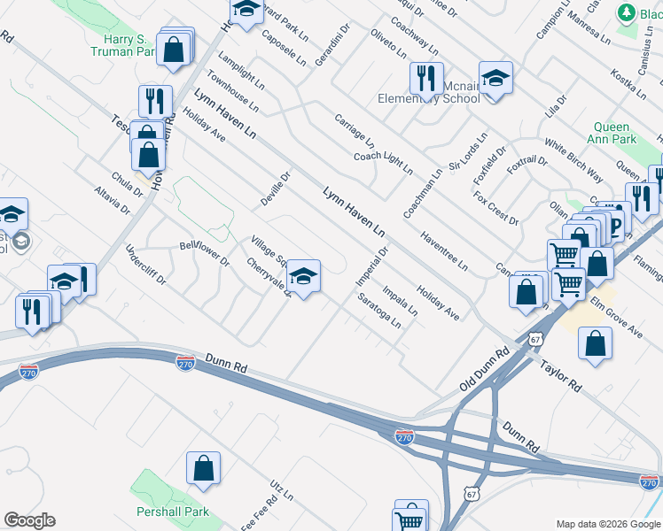 map of restaurants, bars, coffee shops, grocery stores, and more near 710 Riderwood Drive in Hazelwood