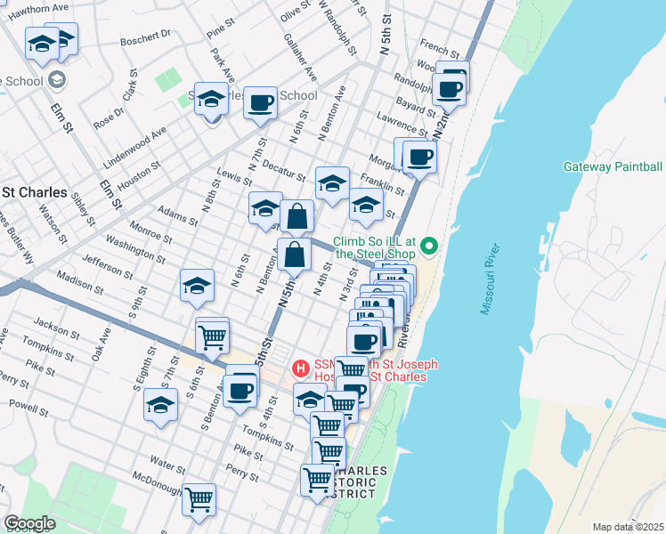 map of restaurants, bars, coffee shops, grocery stores, and more near 412 North 4th Street in Saint Charles