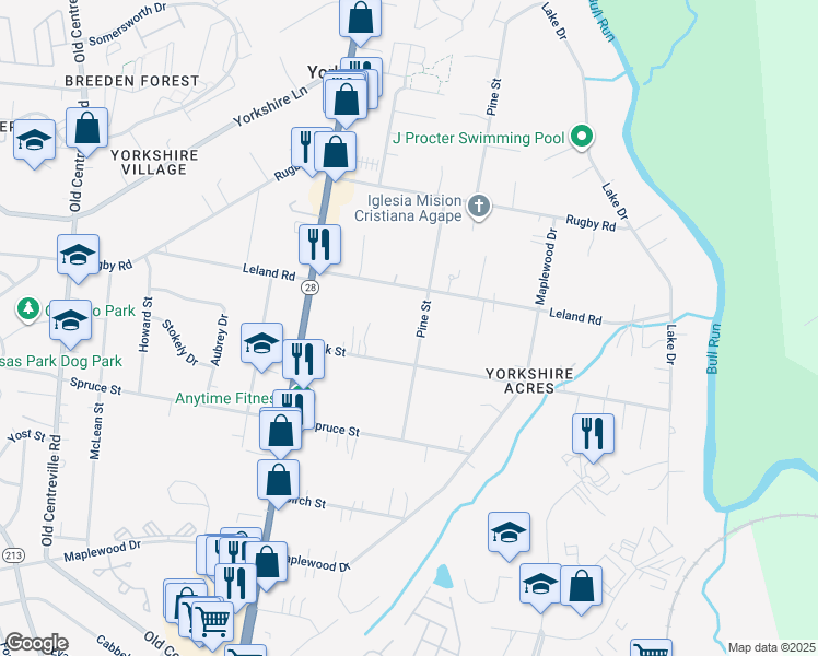 map of restaurants, bars, coffee shops, grocery stores, and more near 7808 Pine Street in Manassas