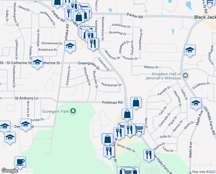 map of restaurants, bars, coffee shops, grocery stores, and more near 4040 Helmkampf Dr in Florissant