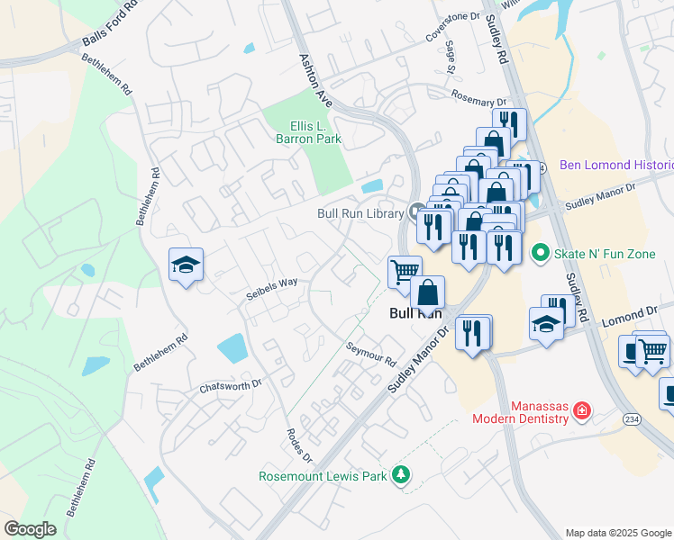 map of restaurants, bars, coffee shops, grocery stores, and more near 8037 Hilliard Drive in Manassas