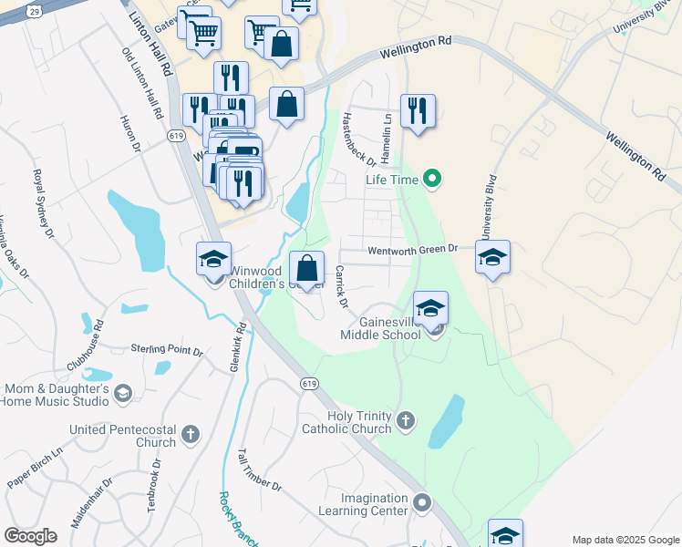 map of restaurants, bars, coffee shops, grocery stores, and more near Carrick Drive in Gainesville