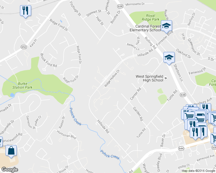map of restaurants, bars, coffee shops, grocery stores, and more near 6143 Green Hollow Court in West Springfield