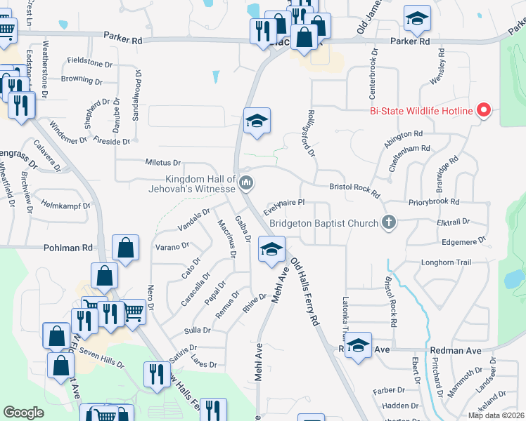 map of restaurants, bars, coffee shops, grocery stores, and more near 4530 Parian Drive in Florissant