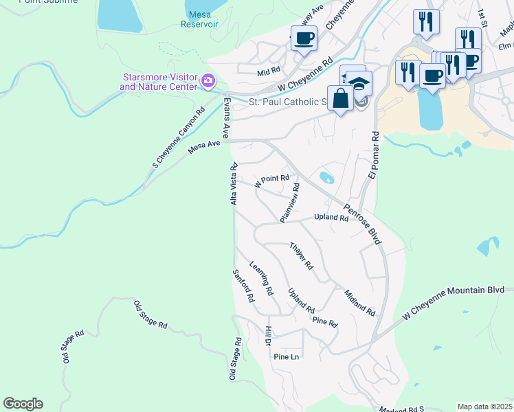 map of restaurants, bars, coffee shops, grocery stores, and more near 12 West Point Road in Colorado Springs