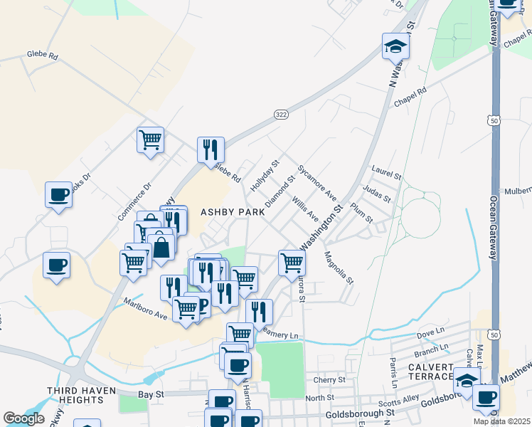 map of restaurants, bars, coffee shops, grocery stores, and more near 109 Wrightson Avenue in Easton