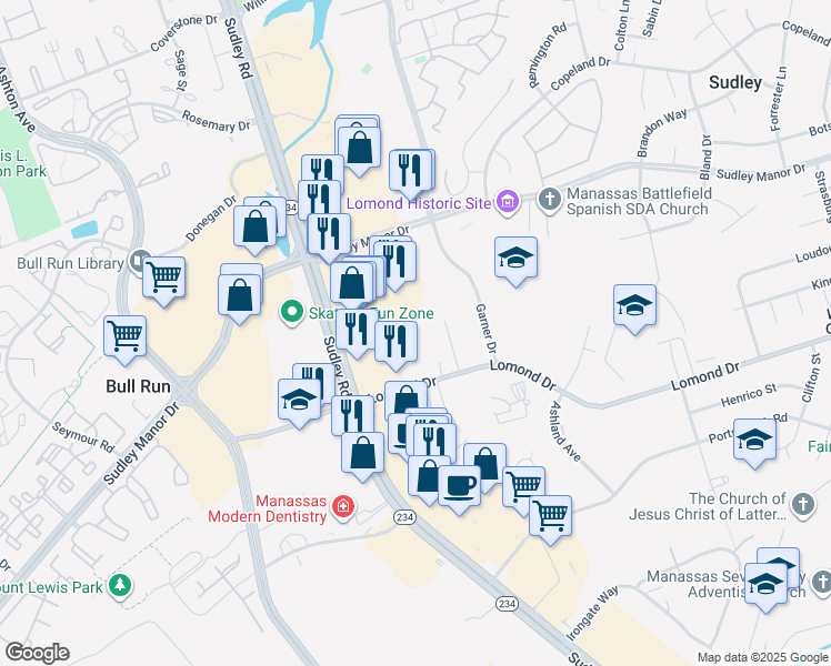 map of restaurants, bars, coffee shops, grocery stores, and more near 7921 Hugh Mullen Drive in Manassas