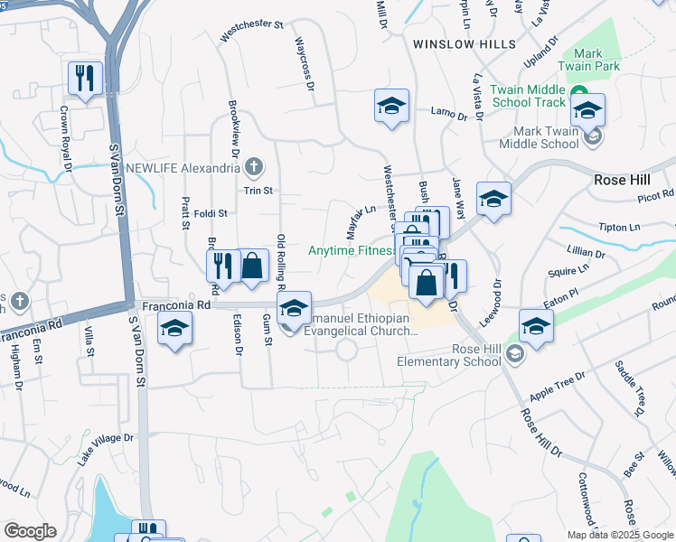 map of restaurants, bars, coffee shops, grocery stores, and more near 6026 Mayfair Lane in Alexandria