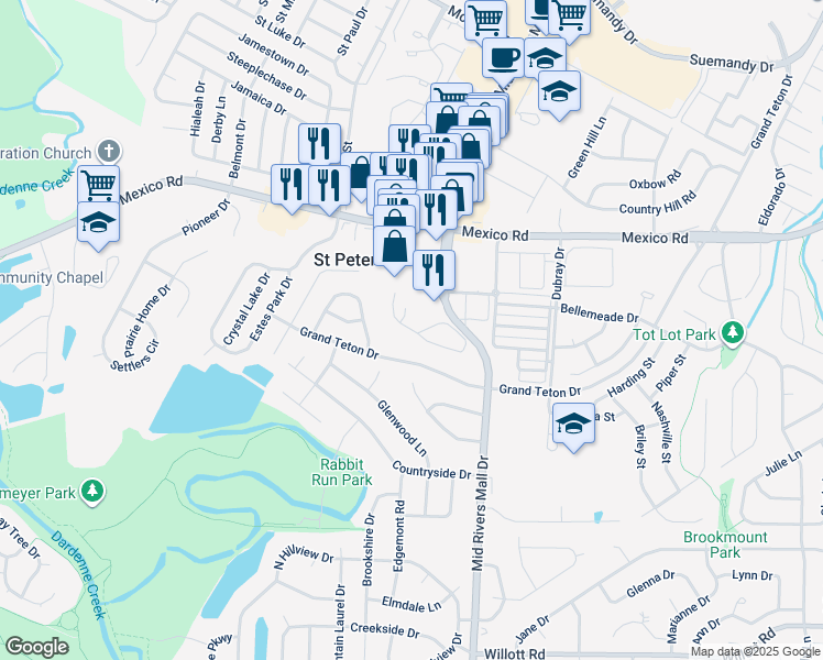 map of restaurants, bars, coffee shops, grocery stores, and more near 105 Rhythm Point Drive in St. Peters