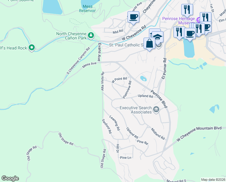 map of restaurants, bars, coffee shops, grocery stores, and more near 12 West Point Road in Colorado Springs