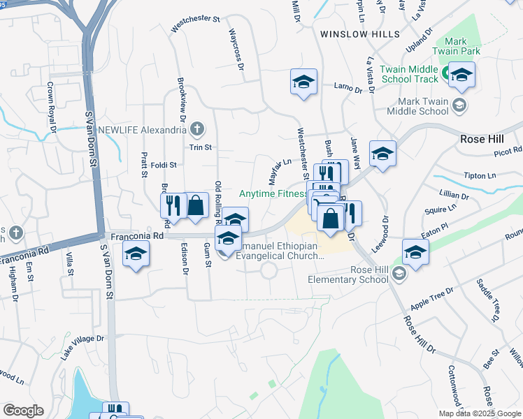 map of restaurants, bars, coffee shops, grocery stores, and more near 6026 Mayfair Lane in Alexandria