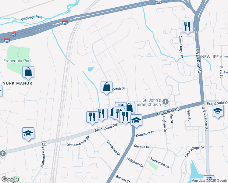 map of restaurants, bars, coffee shops, grocery stores, and more near 6111 Scotch Drive in Alexandria