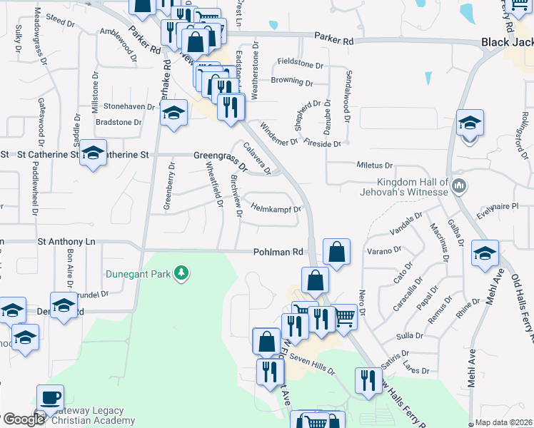map of restaurants, bars, coffee shops, grocery stores, and more near 4040 Helmkampf Drive in Florissant