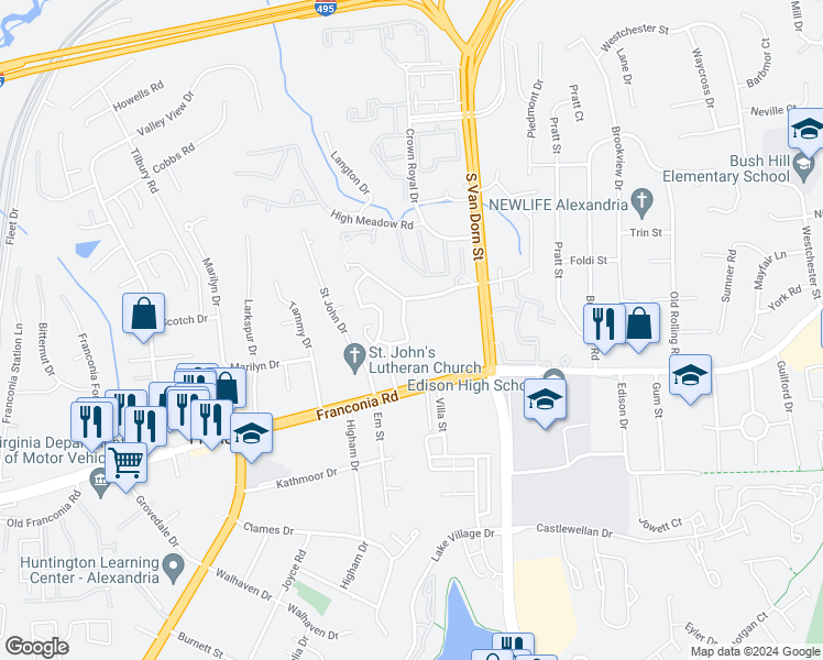 map of restaurants, bars, coffee shops, grocery stores, and more near 6123 Hyacinth Drive in Alexandria