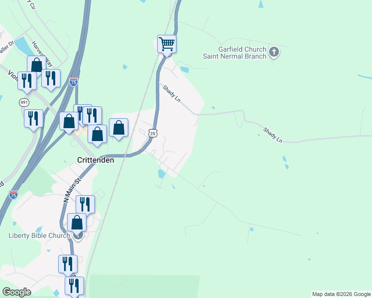 map of restaurants, bars, coffee shops, grocery stores, and more near 250 Leehi Drive in Crittenden