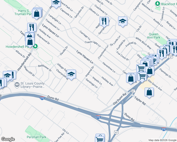 map of restaurants, bars, coffee shops, grocery stores, and more near 301 Imperial Drive in Hazelwood