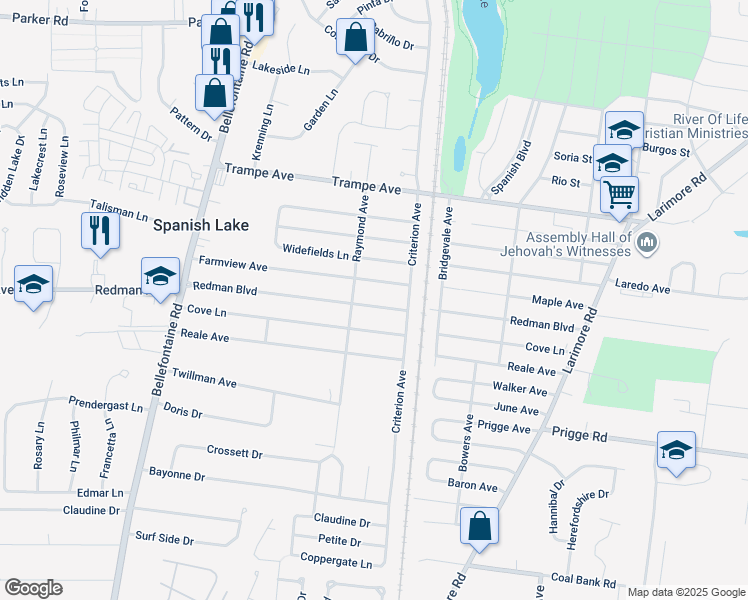 map of restaurants, bars, coffee shops, grocery stores, and more near 1379 Redman Boulevard in St. Louis