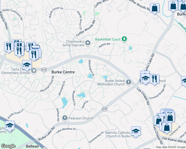 map of restaurants, bars, coffee shops, grocery stores, and more near 6013 Wilmington Drive in Burke