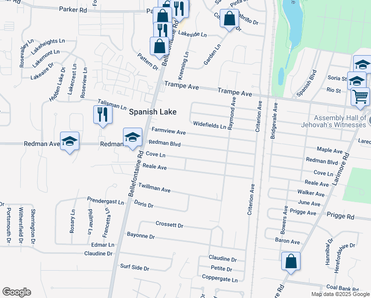 map of restaurants, bars, coffee shops, grocery stores, and more near 1502 Redman Boulevard in St. Louis