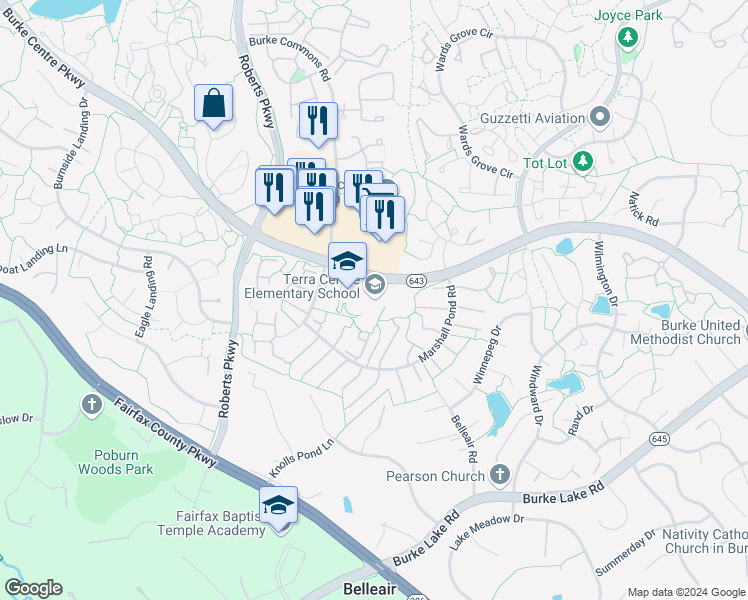 map of restaurants, bars, coffee shops, grocery stores, and more near 6000 Burke Centre Parkway in Burke