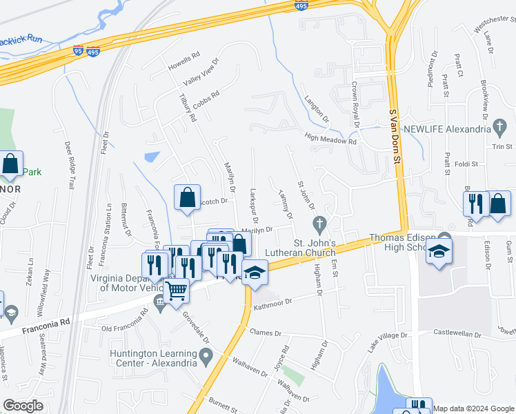 map of restaurants, bars, coffee shops, grocery stores, and more near 6103 Larkspur Drive in Alexandria