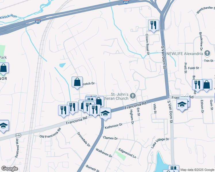 map of restaurants, bars, coffee shops, grocery stores, and more near 6103 Larkspur Drive in Alexandria