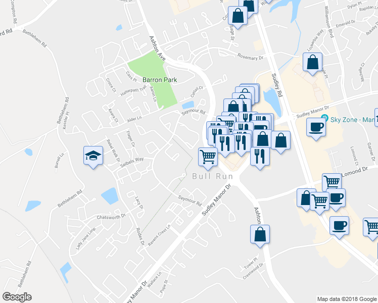 map of restaurants, bars, coffee shops, grocery stores, and more near 7909 Blue Gray Circle in Manassas