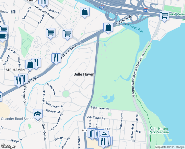 map of restaurants, bars, coffee shops, grocery stores, and more near 6038 Fort Hunt Road in Alexandria