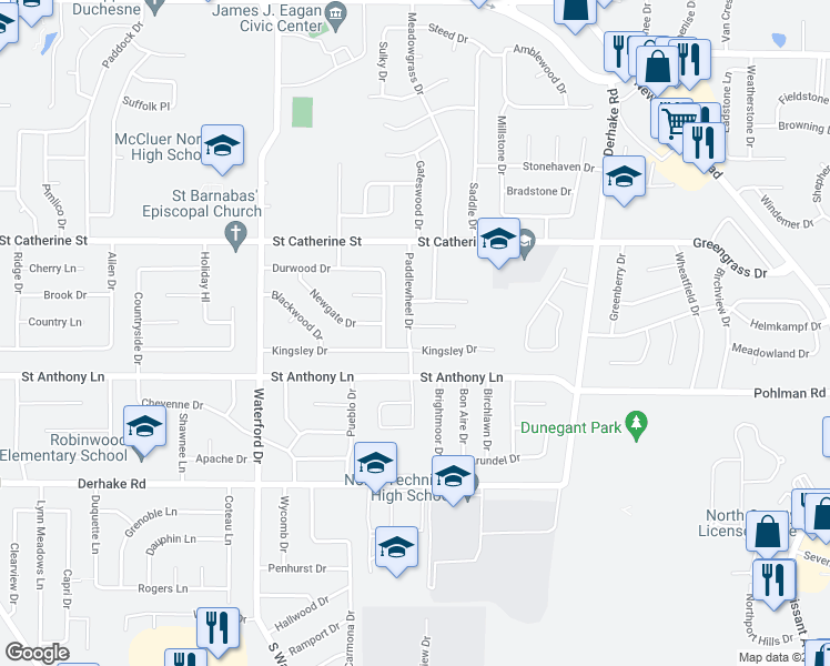 map of restaurants, bars, coffee shops, grocery stores, and more near 410 Paddlewheel Drive in Florissant
