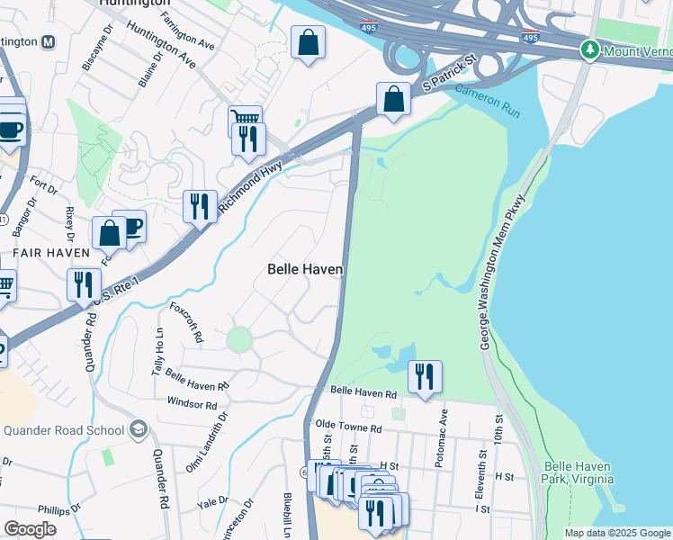 map of restaurants, bars, coffee shops, grocery stores, and more near 6038 Fort Hunt Road in Alexandria