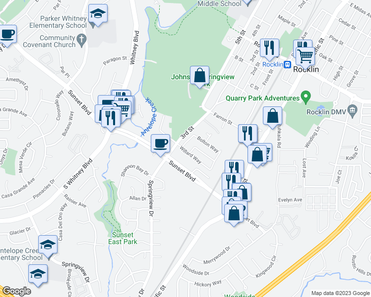 map of restaurants, bars, coffee shops, grocery stores, and more near 5600 Bolton Way in Rocklin