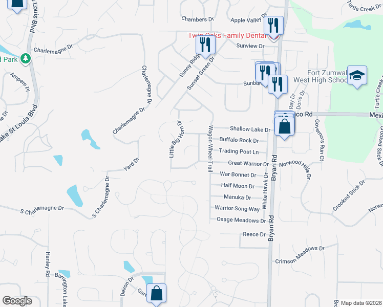 map of restaurants, bars, coffee shops, grocery stores, and more near 16 Tomahawk Court in O'Fallon