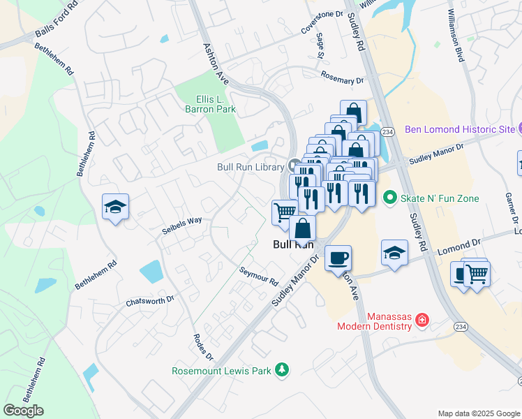 map of restaurants, bars, coffee shops, grocery stores, and more near 7909 Blue Gray Circle in Manassas