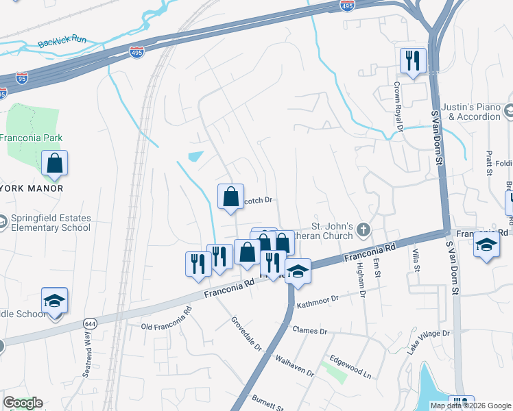 map of restaurants, bars, coffee shops, grocery stores, and more near 6107 Scotch Drive in Alexandria