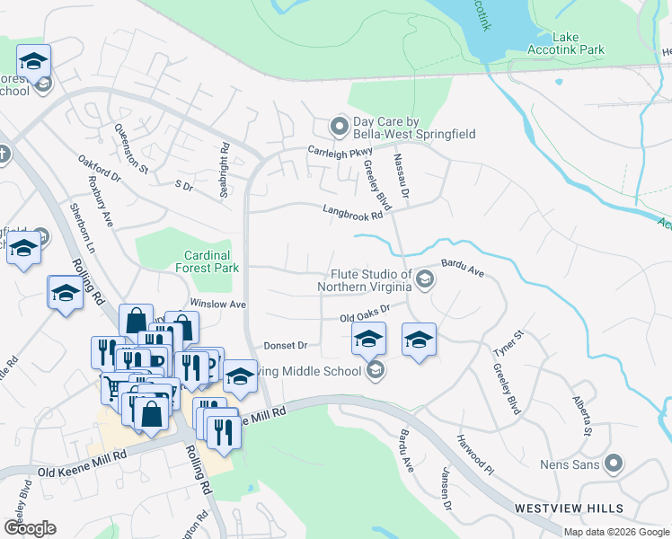 map of restaurants, bars, coffee shops, grocery stores, and more near 6107 Fernleigh Boulevard in West Springfield