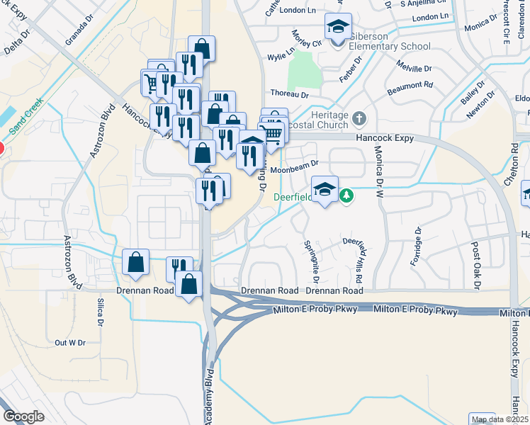 map of restaurants, bars, coffee shops, grocery stores, and more near 3145 Jet Wing Drive in Colorado Springs