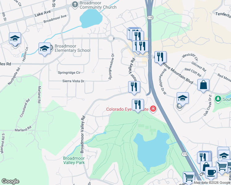 map of restaurants, bars, coffee shops, grocery stores, and more near 55 Briarcrest Place in Colorado Springs