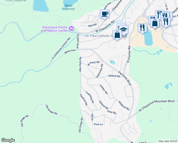 map of restaurants, bars, coffee shops, grocery stores, and more near 12 West Point Road in Colorado Springs