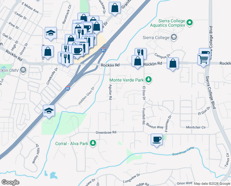 map of restaurants, bars, coffee shops, grocery stores, and more near 5465 Aguilar Road in Rocklin