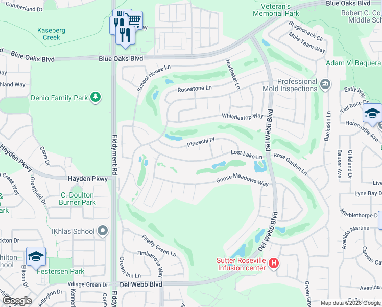 map of restaurants, bars, coffee shops, grocery stores, and more near 424 Websters Court in Roseville